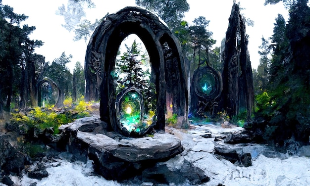Fantasie magische stenen sprookjesachtige portaalpoort in het bos Ronde stenen portaal teleport in bomen naar andere werelden Fantastisch landschap Magisch altaar in het bos 3d illustratie
