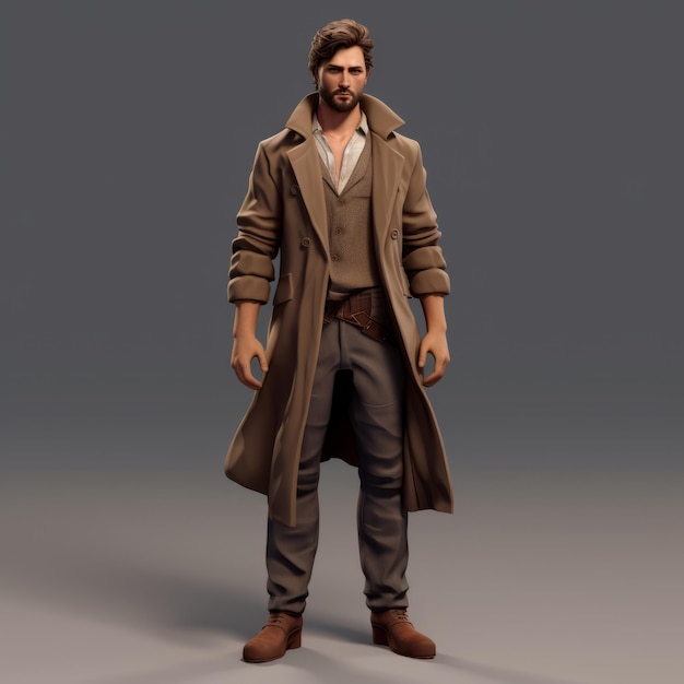 Fantasie mannelijk model in bruine jas 3d Casual Game Character
