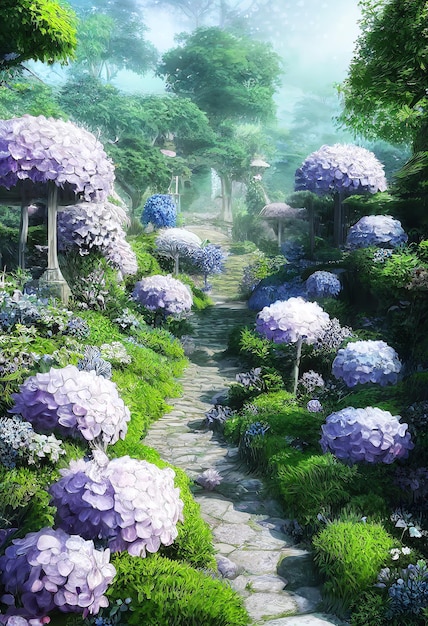 Fantasie mistige lila tuin in Japanse stijl verharde looppaden landschapsarchitectuur digitale illustratie