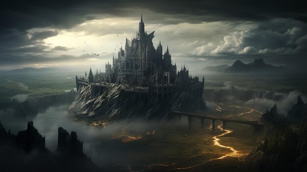 Fantasie nacht donker landschap nacht somber kasteel oude donkere stad 3D illustratie Generatieve AI