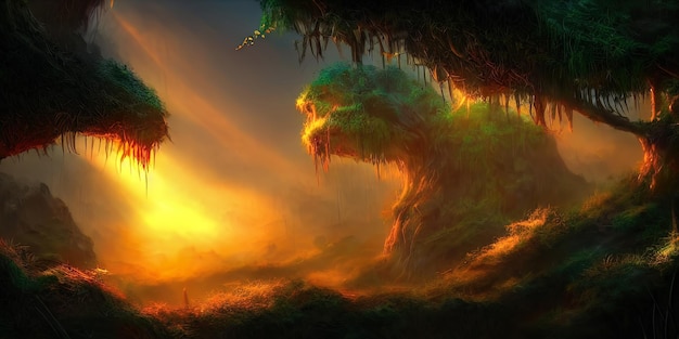 Fantasie neon bos jungle bij zonsondergang Mystiek onwerkelijk bos Mooi neon landschap 3D illustratie