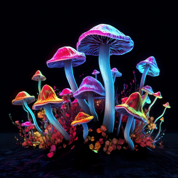 Fantasie neon licht effect paddenstoelen mooie macro opname van magische paddenstoel