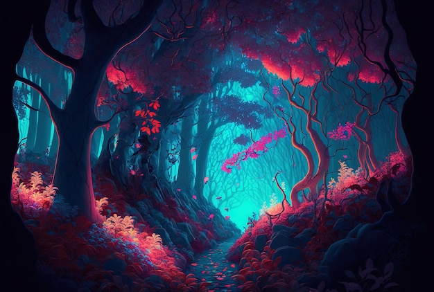Fantasie-neonverlicht bos met helder gebladerte dat lijkt op een verhalenboek