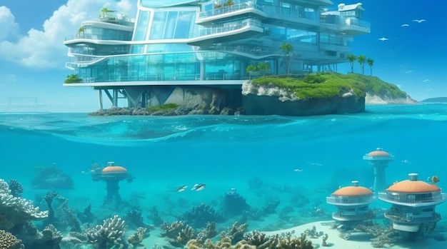 Fantasie onderwaterzeegezicht met verloren stad