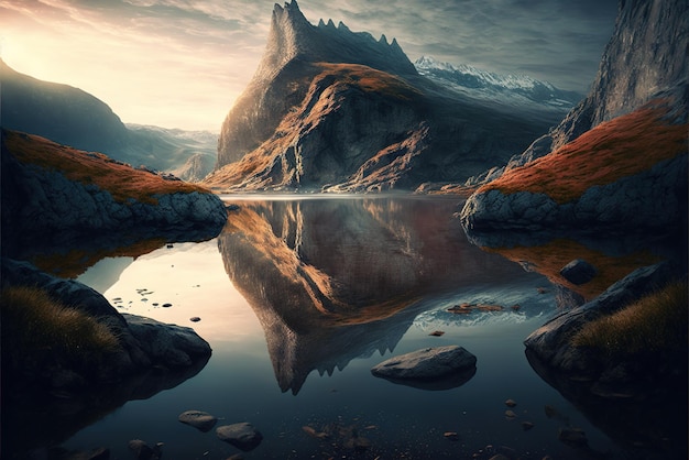 fantasie rock bergmeer en rivier in concept Noorse mythologie