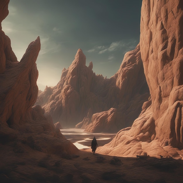 Fantasie scène van een man die in een woestijn staat met een enorme rots in de verte fantasie scène van de man sta