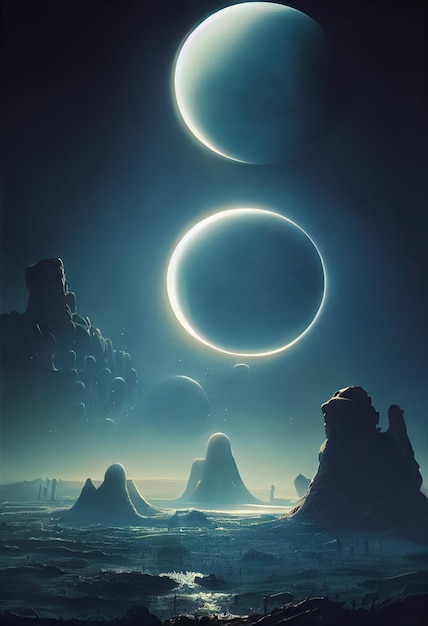 Fantasie scifi landschap van buitenaardse planeet 3d illustratie