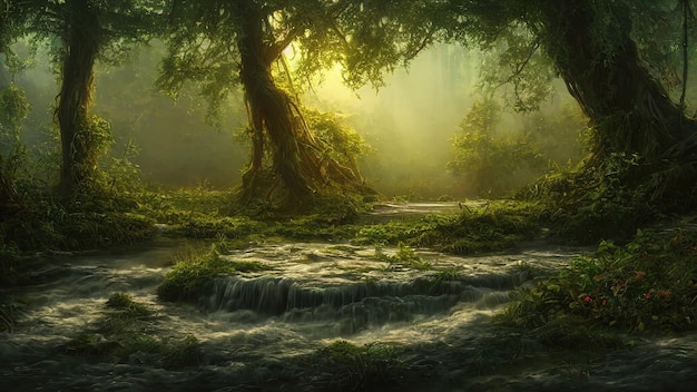 Fantasie sprookje magisch bos zonnig avondlicht door de takken van bomen Magische bomen in een bosrijke omgeving Haze bij zonsondergang planten mos en gras in het bos 3d illustratie