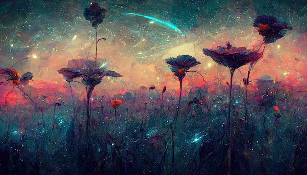 Fantasie sprookjesachtige abstracte bloeiende bloemen met melkweg ruimte Universum illustratie op achtergrond