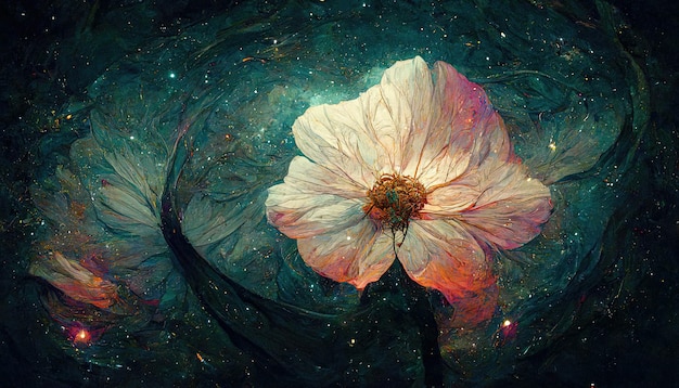 Fantasie sprookjesachtige abstracte bloeiende bloemen met melkweg ruimte Universum illustratie op achtergrond