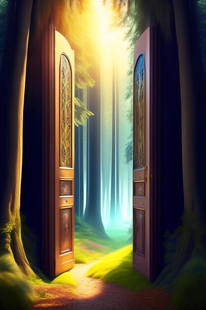 Foto fantasie-sprookjesbos met magische deuren