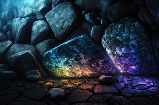 Fantasie stenen abstracte achtergrond met neonlichten