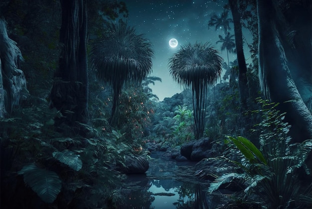 Fantasie tropisch bos 's nachts mysterieus licht in sprookjesachtige jungle generatieve AI