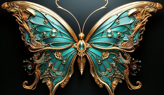 Fantasie turquoise en gouden vlindersculptuur AI-generator