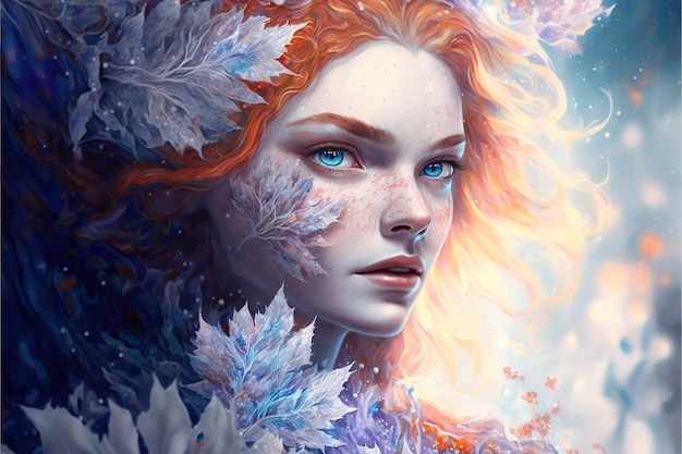 Fantasie-wintergodin als geest gehuld in een vloeiende jurk van ijsblauw