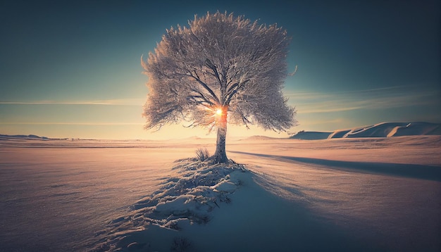 Fantasie winterlandschap met besneeuwde bomen en bergengeneratieve ai