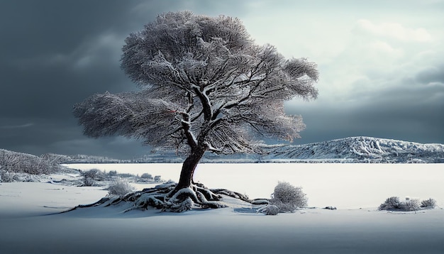 Fantasie winterlandschap met besneeuwde bomen en bergengeneratieve ai