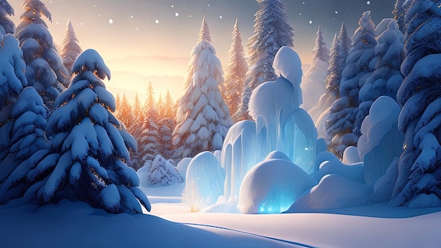 Fantasie winterlandschap met bevroren waterval 3D illustratie Kerst achtergrond