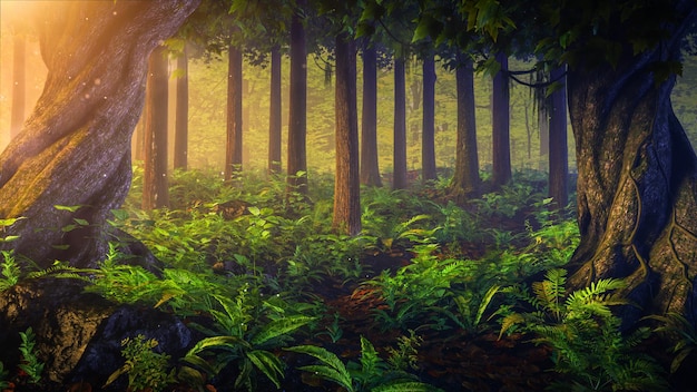 Fantasie zonsondergang zonsopgang landschap bij mystiek tropisch mistig bos met tropische jungle planten Mysterieuze natuur en sprookjesachtergrond