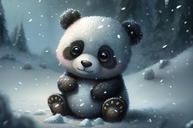 Fantasiebeeldverhaal van een Leuke Pandababy die in de Wintersneeuw Generatieve Ai speelt