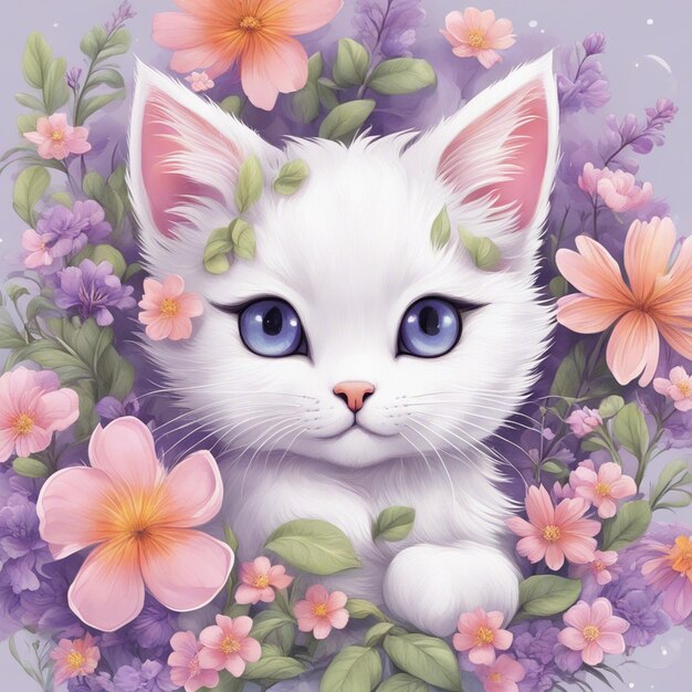 Fantasiebloemen Plons met moderne kat stripfiguur TShirt Design Art