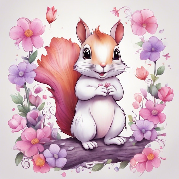 Fantasiebloemen Plons met schattige eekhoorn T-shirtontwerp Art