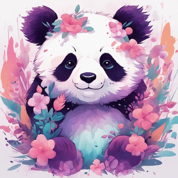 Fantasiebloemen Plons met schattige panda T-shirtontwerp Art