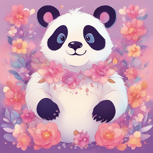 Fantasiebloemen Plons met schattige panda T-shirtontwerp Art