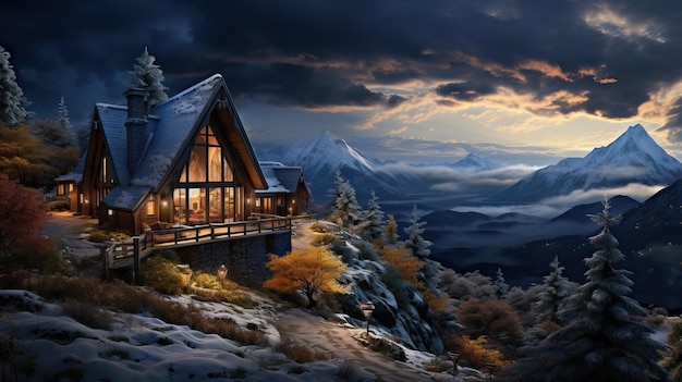 Fantasieblokhuis met besneeuwde berg