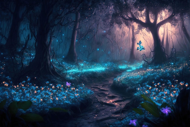 Fantasiebos 's nachts magische lichtgevende bloemen in sprookjesachtig hout generatieve AI