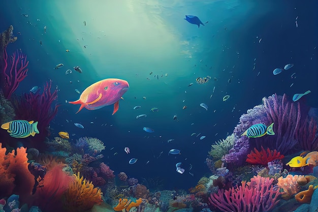 Fantasieconcept met een Great Barrier Reef Australia Een kleurrijke reeks onderwaterdieren in het wild