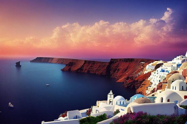 Fantasieconcept met een Santorini Griekenland Iconische blauwe en witte gebouwen op een klif aan zee