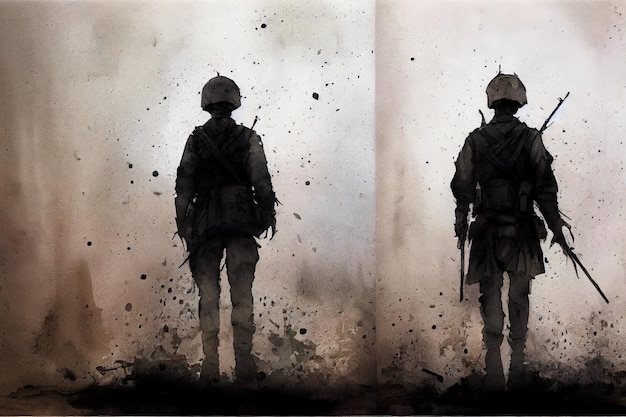Fantasieconcept van een soldaat die alleen staat na de oorlog in het slagveld digitale kunststijl illustratie schilderij