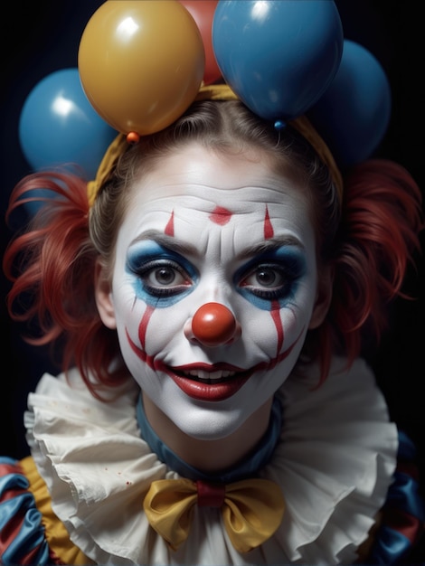 Fantasiefotografie van een ultrarealistische vrouwenclown in dramatisch licht