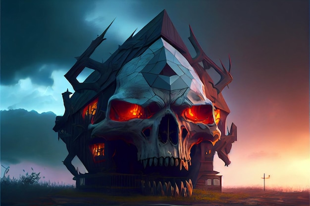 Fantasiehuis in de vorm van een gigantische demonische schedel Generatieve AI-illustratie