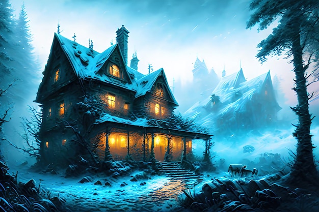 Fantasiehuis in winterbos oude stenen hut