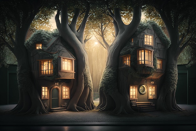 Fantasiehuizen in bos sprookjesachtige surrealistische straat in generatieve AI in de zomer