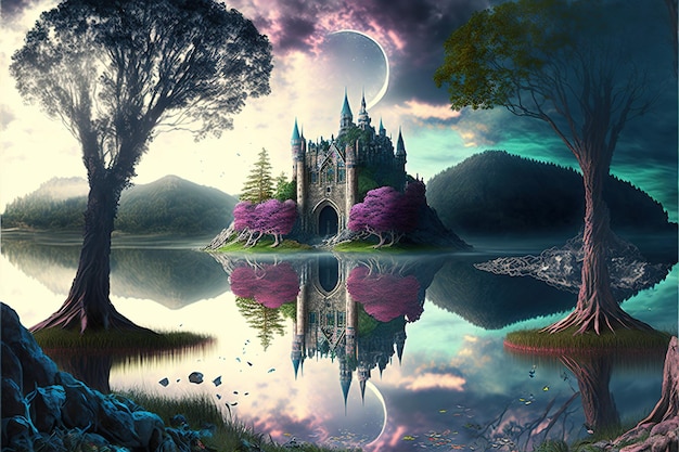 Fantasielandschap en prachtig magisch landschap middeleeuws kasteel