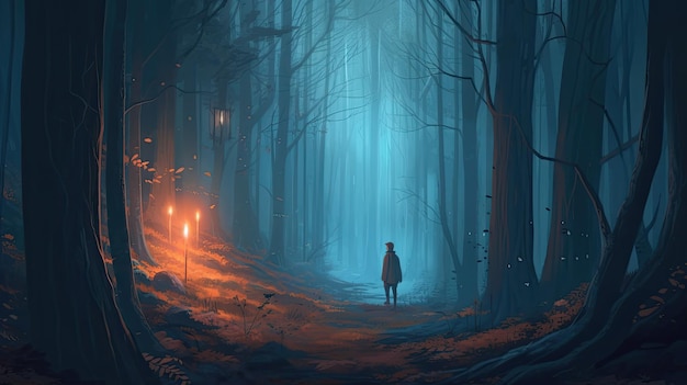 Fantasielandschap met een donker bos en een heks in de mist