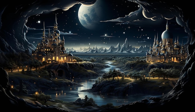 Fantasielandschap met kasteel midden in de nacht en maan