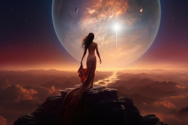 Fantasielandschap met mooie vrouw in het maanlicht 3d render Presenteer een digitaal kunststijlbeeld van een vrouw die bovenop een berg staat en naar een verre futuristische planeet staart. AI gegenereerd
