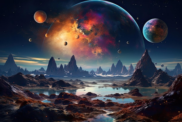 Fantasielandschap met planeten en sterren in de ruimte 3d illustratie