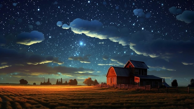 Fantasielandschap met rode schuur en nachtelijke hemel 3D-rendering