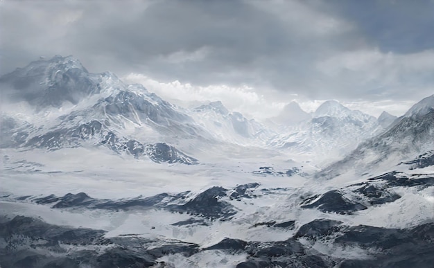 Fantasielandschap van winterbergen de toppen en hellingen van de bergen zijn bedekt met sneeuw en ijs Magische bergvallei in de winter