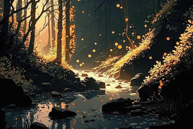 Fantasieomgeving van een magisch bos in anime-kunststijl