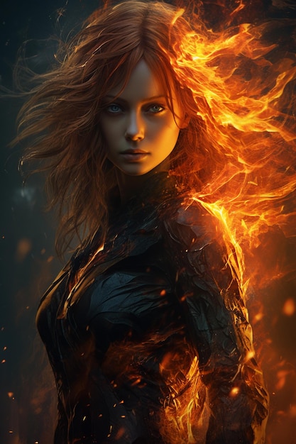 Fantasieportret van een vrouw met vuurvlammen in haar haar
