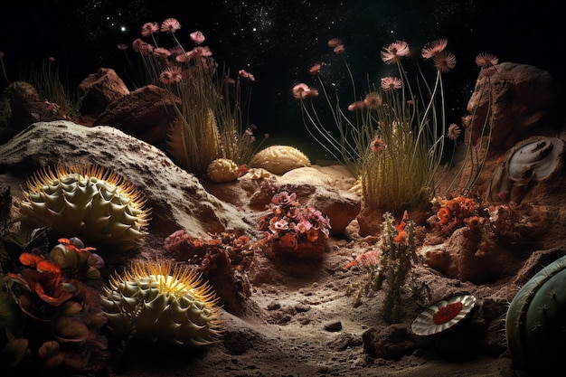 Fantasierijke mogelijkheid van Martiaanse flora en fauna door een buitenaards landschap Van glinsterende planten tot kleine wezens hoe het leven zich zou kunnen aanpassen en gedijen in het Mars-concept Generatieve AI