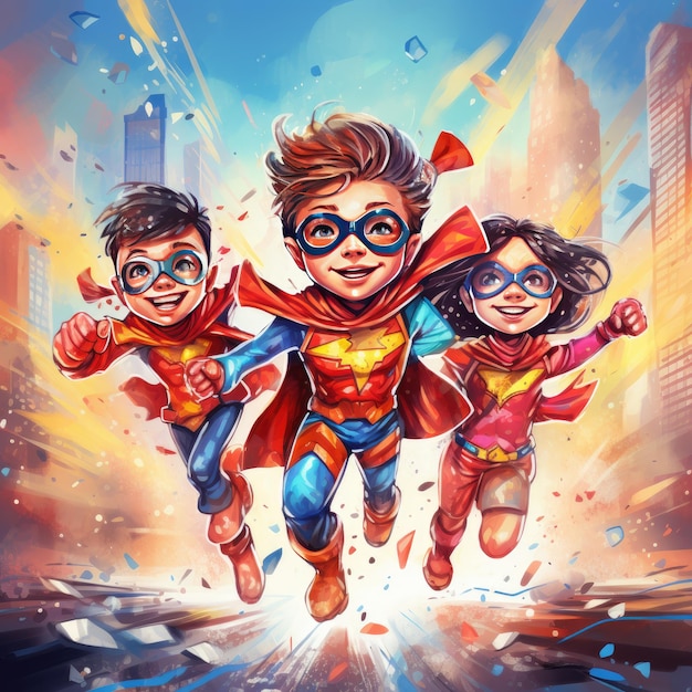 Fantasieuze wonderen Superkinderen ontketenen een levendig met de hand getekend avontuur