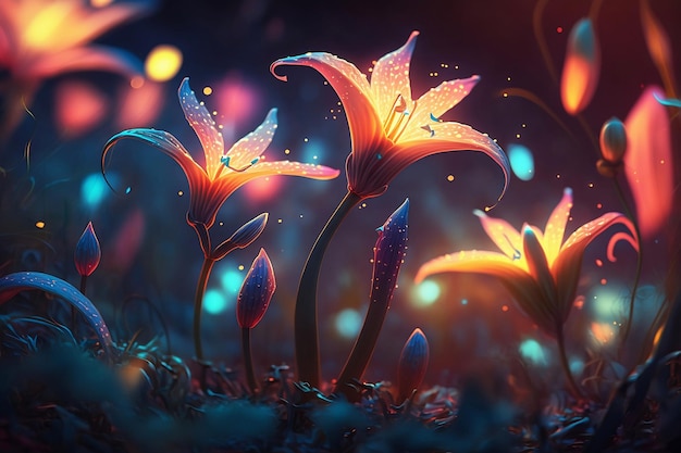 Fantasieveld met kleurrijke bloemen close-up