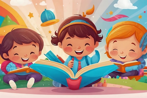 Fantasiewereld in de handen van kinderen Illustraties van kinderen die lezen voor de Wereldboekdag